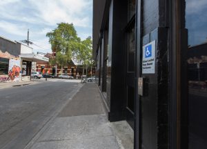 Accessible door, view facing Swan st