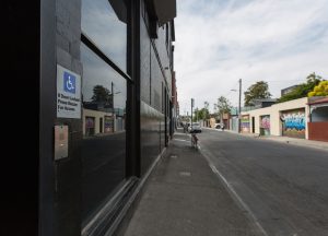 Accessible door, view facing accessible carpark